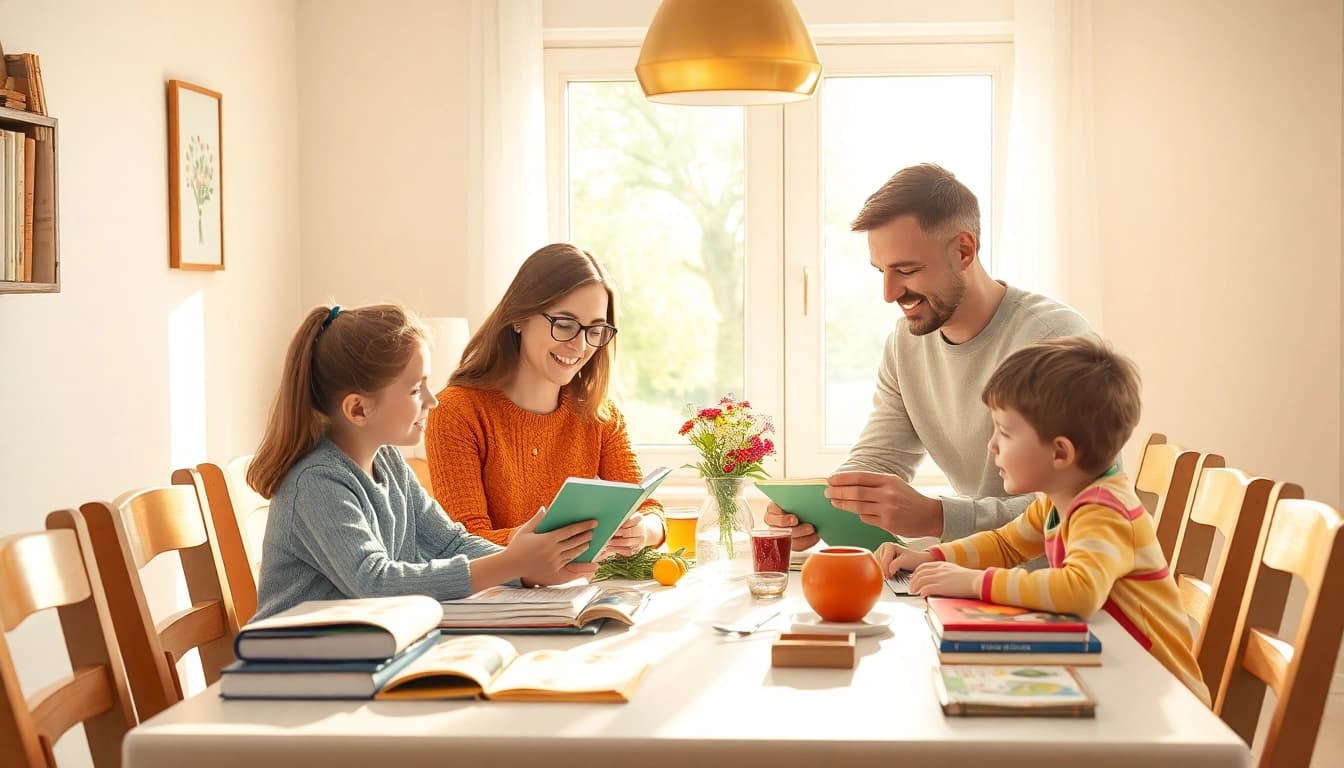 Familie im Heimunterricht am Esstisch mit Schulmaterialien, die positive Lernatmosphäre schaffen.