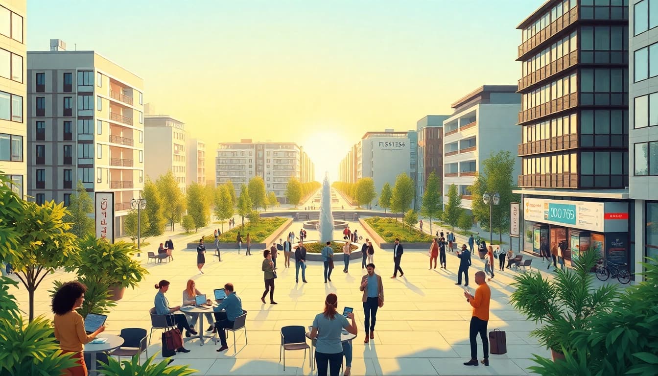 Exploring net salary in Germany through a vibrant urban scene depicting professionals enjoying their work environment.
