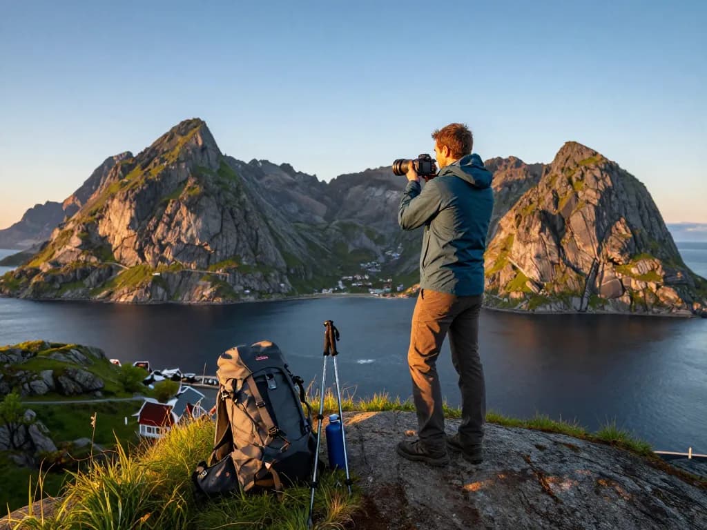 Reiseliebhaber, der Skandinavien Reisetipps an einem atemberaubenden Aussichtspunkt in Lofoten während der goldenen Stunde festhält.