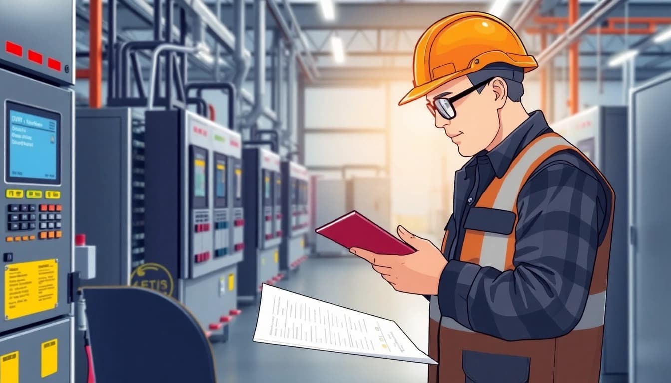 Technician performing DGUV V3 Prüfung on electrical equipment with a checklist in hand.