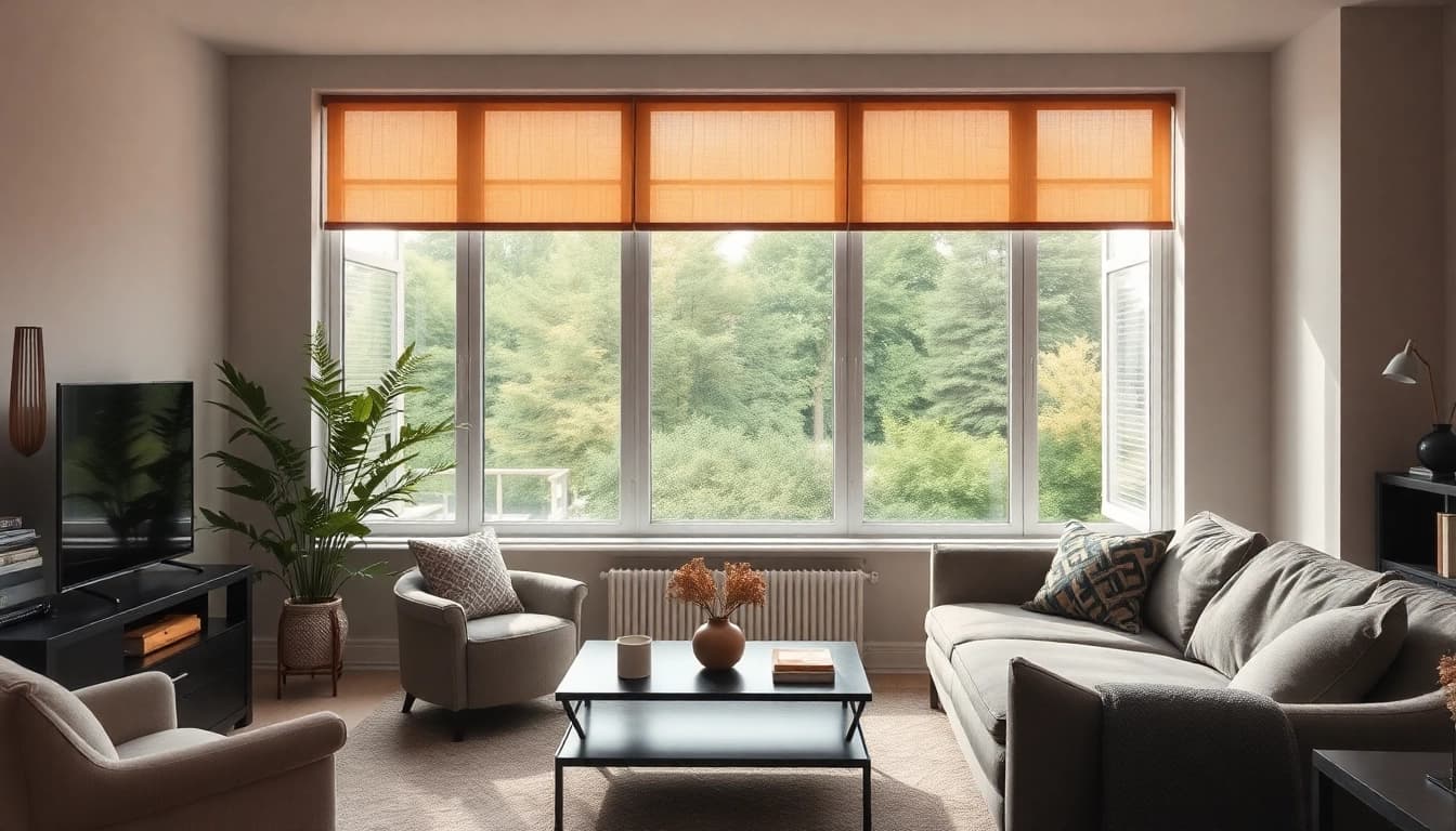 Gestalte ein modernes Wohnzimmer mit einem eleganten Wabenplissee, das sanftes Licht filtert und eine gemütliche Atmosphäre schafft.