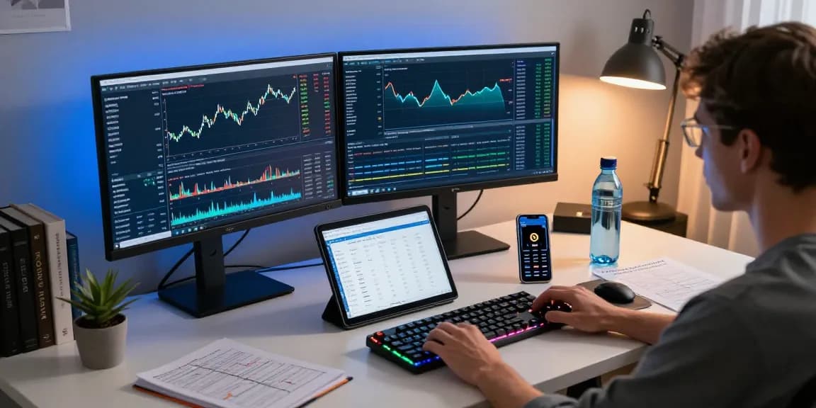 Edimakor im modernen Krypto-Büro mit Bitcoin-Trading-Diagrammen, digitalem Wallet und DeFi-Anwendungen.