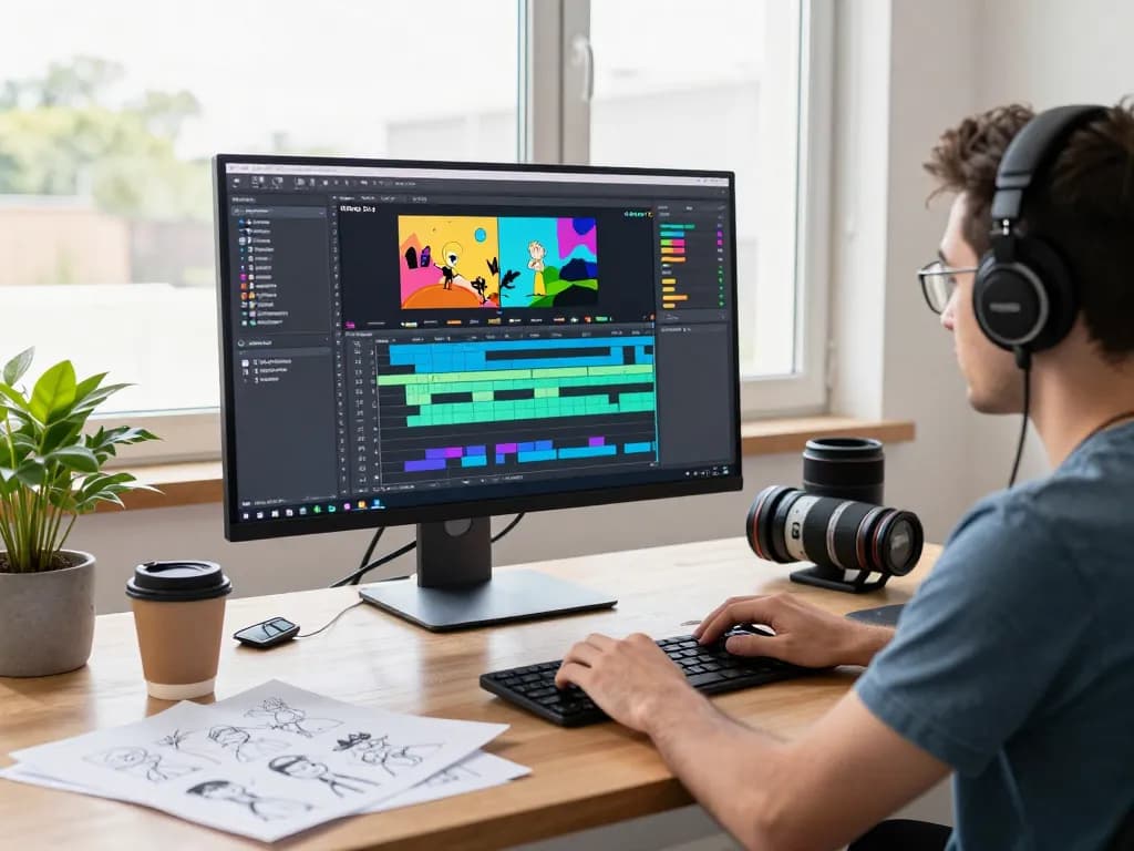 Kling 2.6 motion control interface demonstrated in a vibrant creative workspace, animator working on animation project.