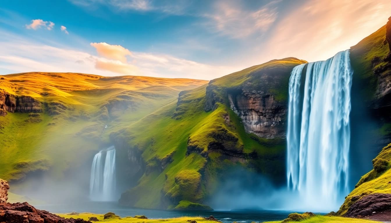 Erleben Sie die atemberaubenden Naturschönheiten auf einer Reise nach Island, mit dem Gullfoss-Wasserfall als zentralem Motiv.