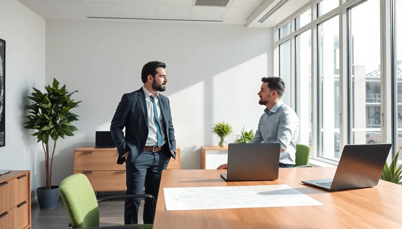 Personalvermittlung: Ein Personalvermittler führt ein Gespräch mit einem Kandidaten in einem modernen Büro, mit Schreibtisch und Laptop im Bild.