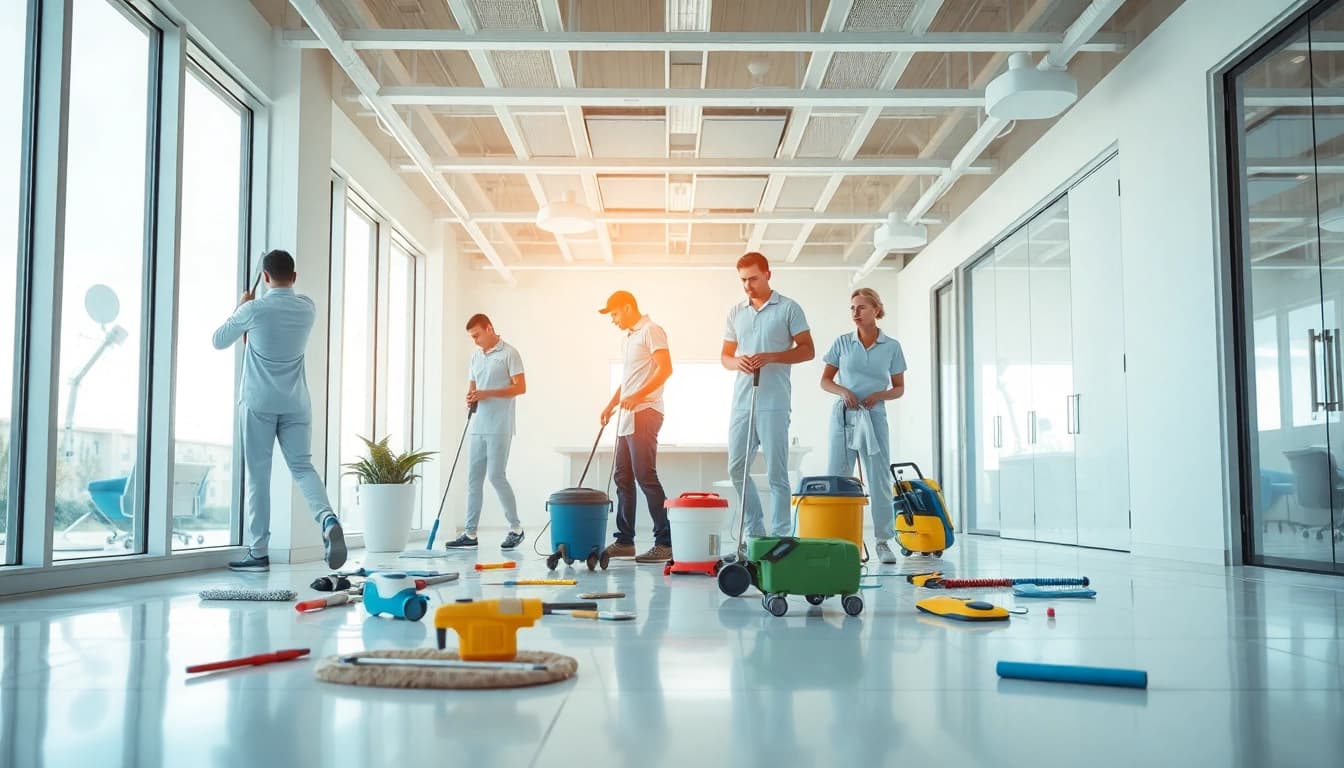 Effiziente Gebäudereinigung Ulm in modernen Büro mit professionellem Reinigungsteam.