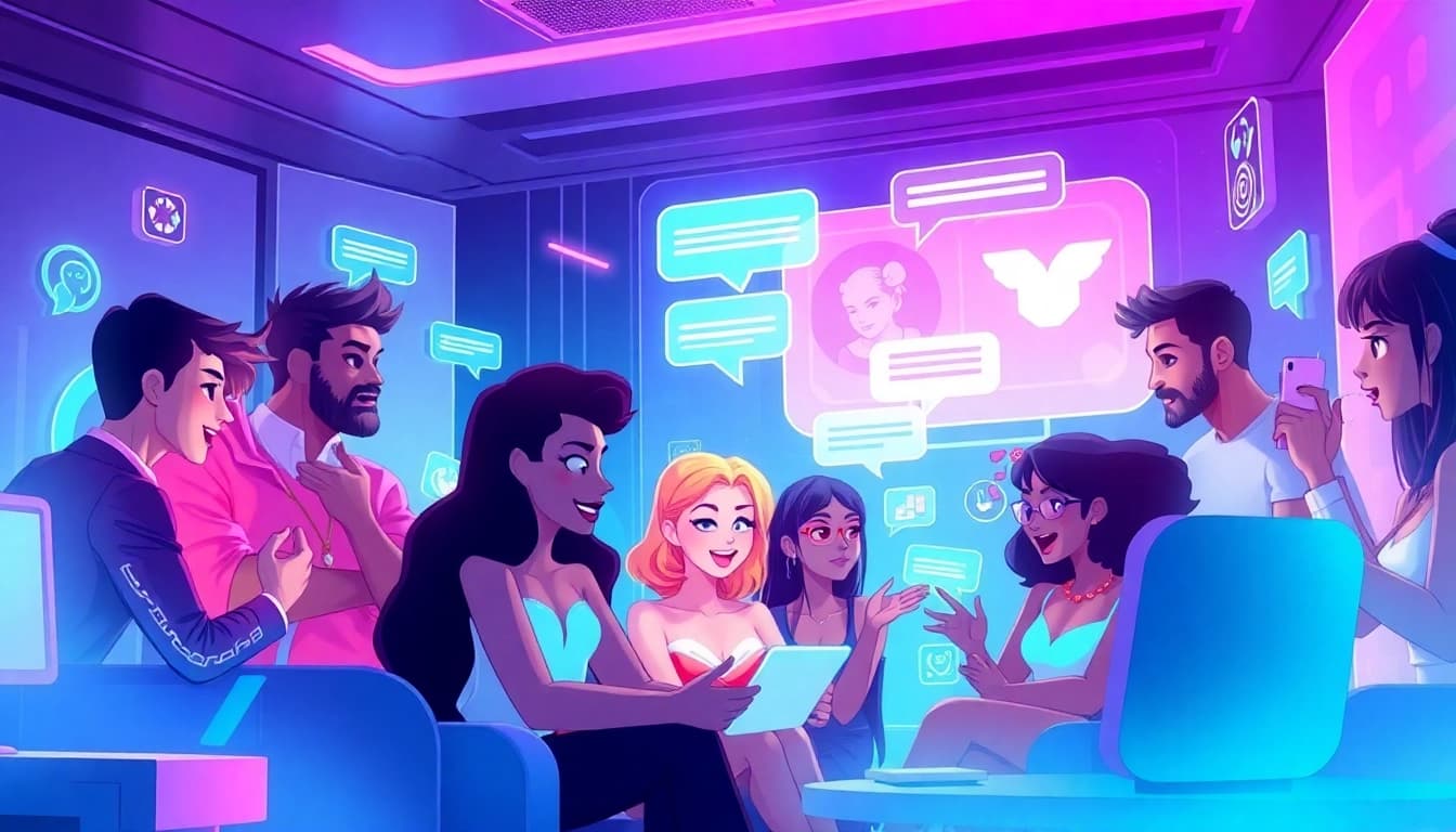 Vibrant digital scene showcasing NSFW AI chat characters engaging in lively conversations online.