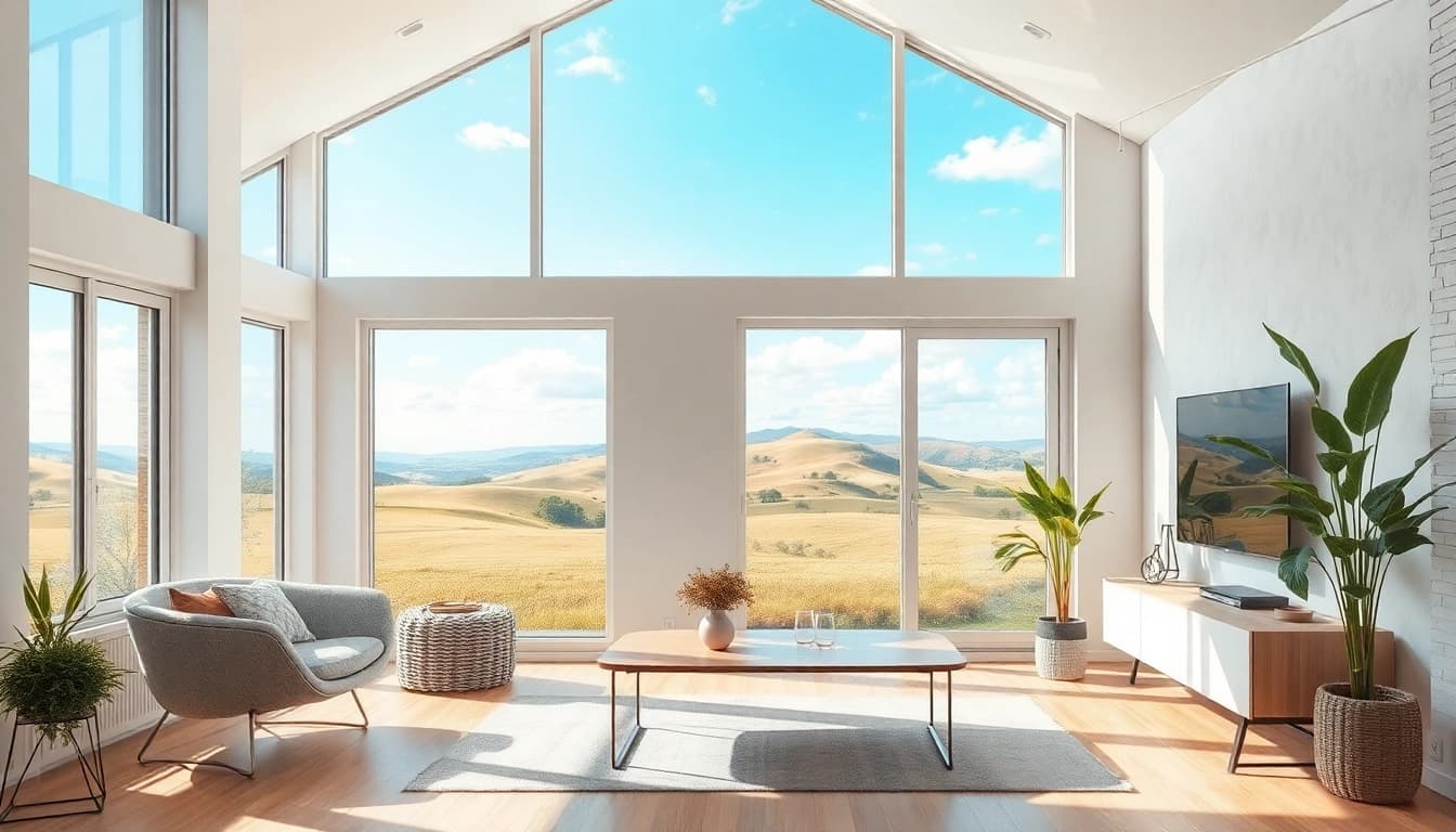 Moderne Raumgestaltung mit hellen Farben und Pflanzen für eine einladende Atmosphäre.