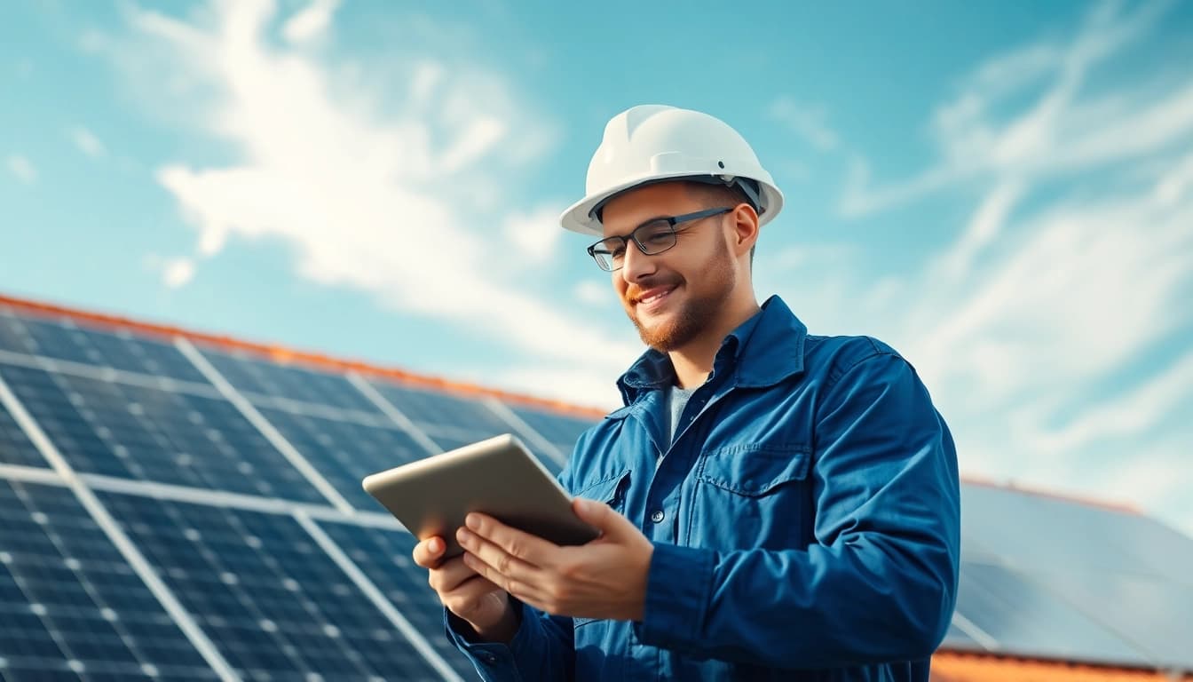 Techniker bei der PV-Wartung und Serviceanalyse auf einem Solardach.