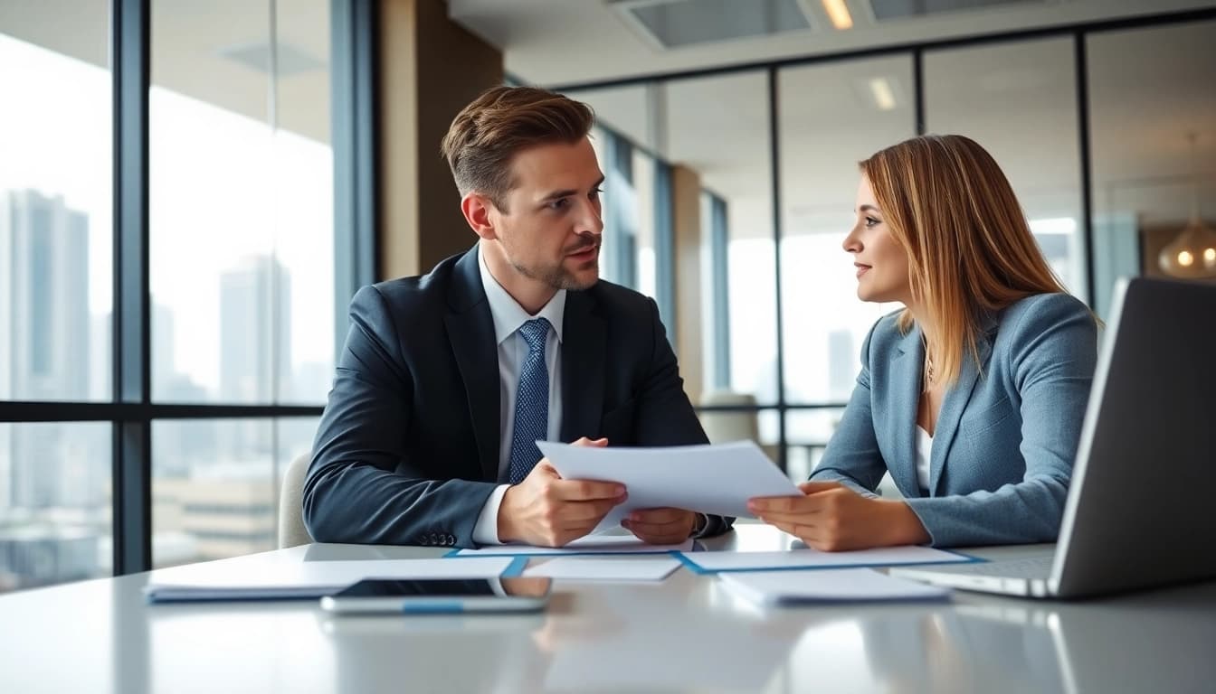 Headhunter Schweiz führt ein Gespräch mit einem Kandidaten in modernem Büro.