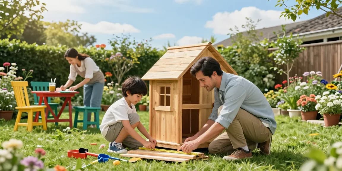 Gemeinsames Gartenhaus kaufen: Familie baut gemeinsam im Garten ein Holzhaus und gestaltet ihre Wohlfühloase.