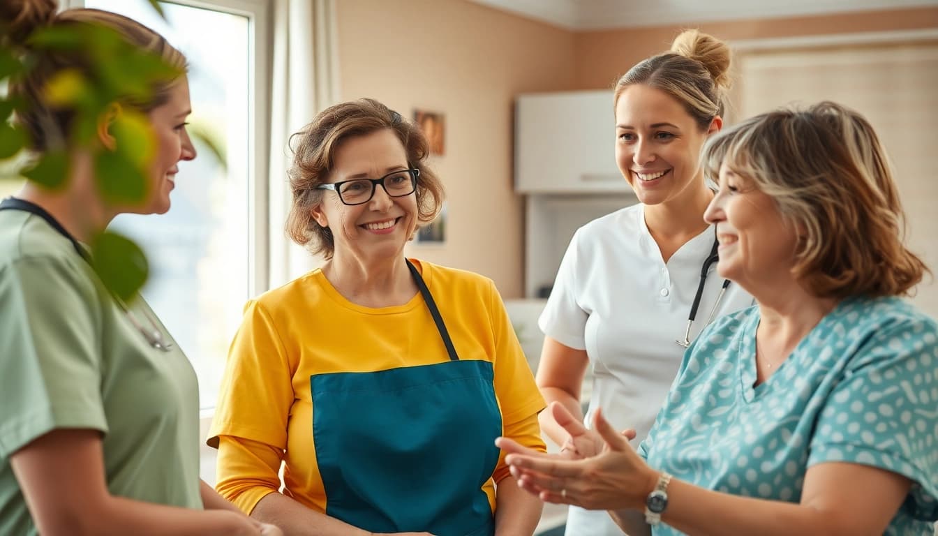 Pflegedienst Werbung: Pflegekräfte interagieren freundlich mit Patienten in einem hellen, einladenden Raum.