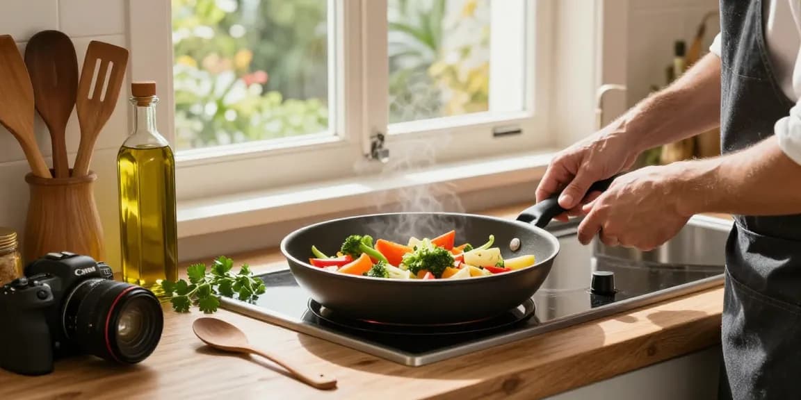 Zubereitung eines gesunden Gerichts in einer PTFE freien Pfanne mit frischen Gemüsezutaten.