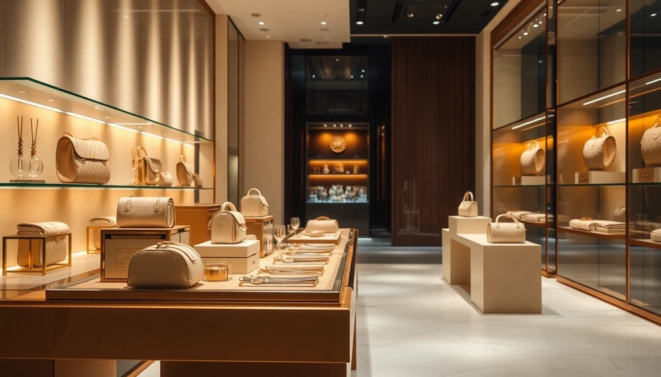 Showcase of luxury items in a beautifully arranged boutique, highlighting opulence and elegance.