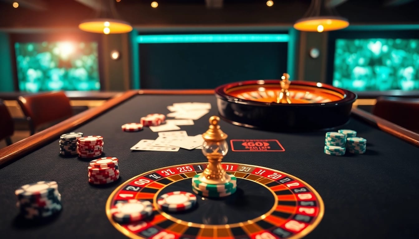 Spiele auf casinospielen.de am eleganten Casinotisch mit Karten und Chips.