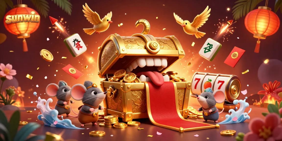 sunwin lures players with a golden treasure chest mimic, vibrant casino elements, and adventure