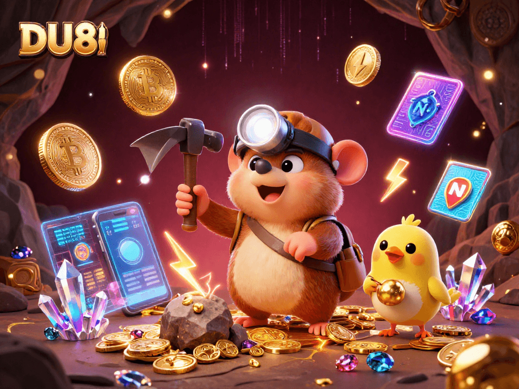 DU88 treasures await as the cartoon mole digs for crypto gold in a glowing cave.