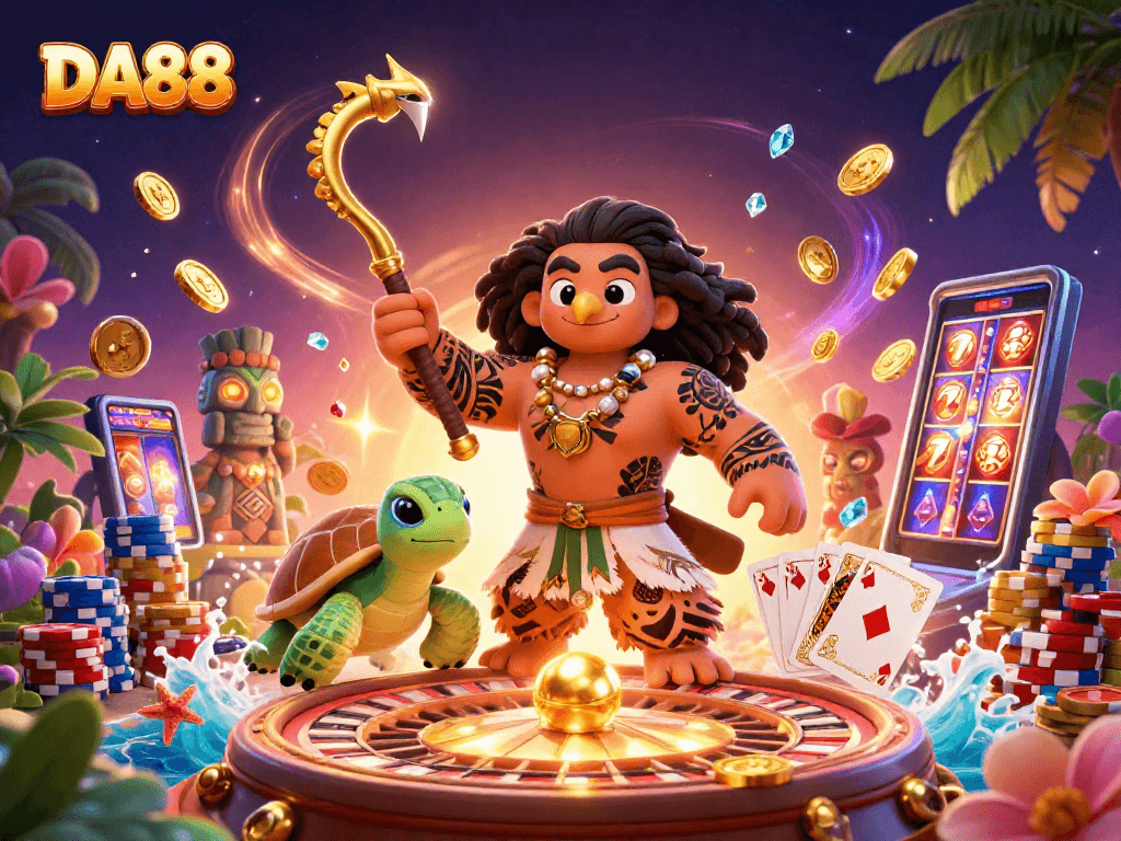 Experience thrilling DA88 gaming with a demigod hawk and lucky charm elements in a dynamic casino scene.
