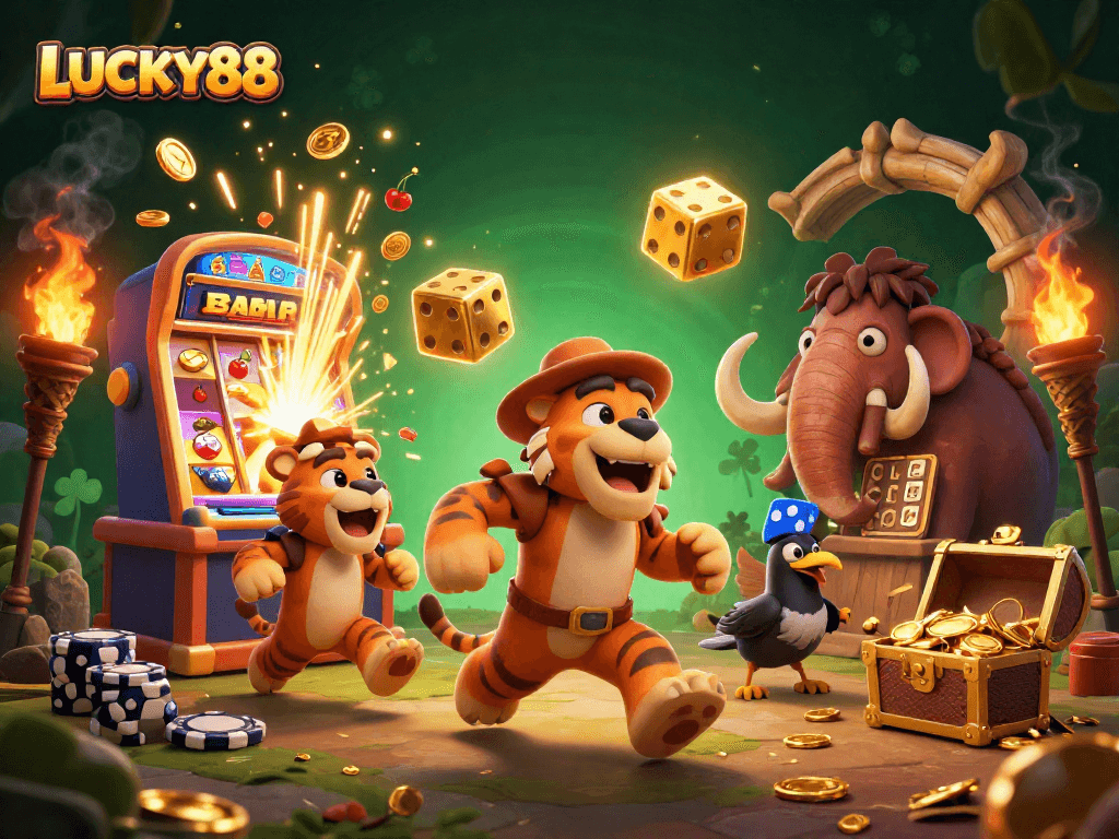 Experience LUCKY88's thrilling jackpot with lively caveman casino characters and vibrant game elements.