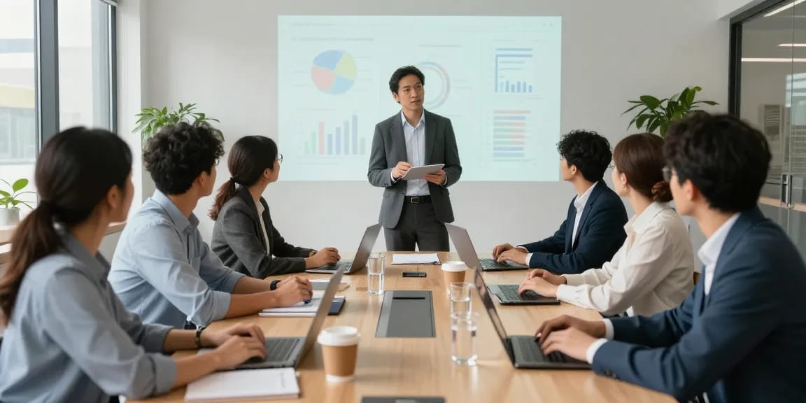 Micromanagement-Chef in einem modernen Büro, Teamarbeit und Präsentation von Datenanalysen.