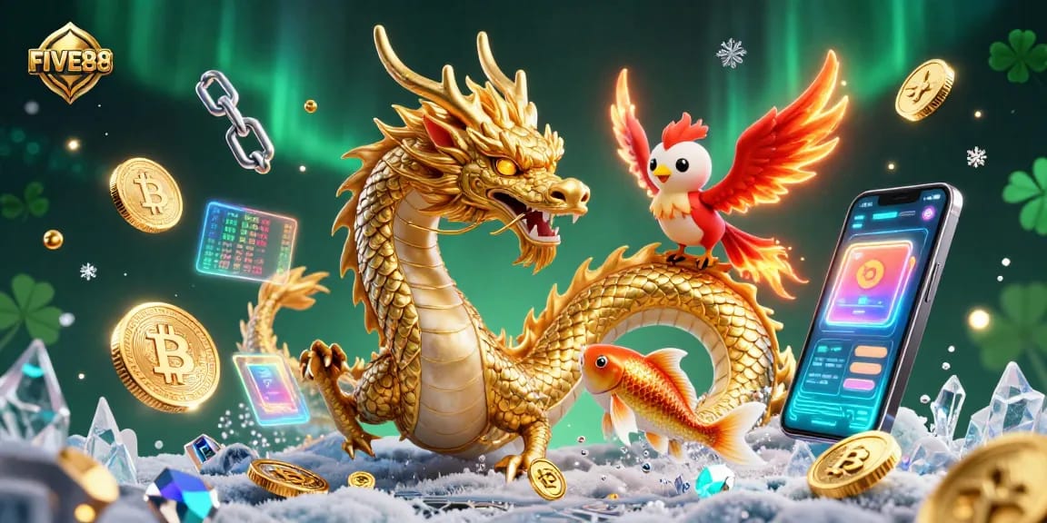 Experience the thrill of FIVE88 as the golden dragon roars amidst vibrant coins and crypto elements.