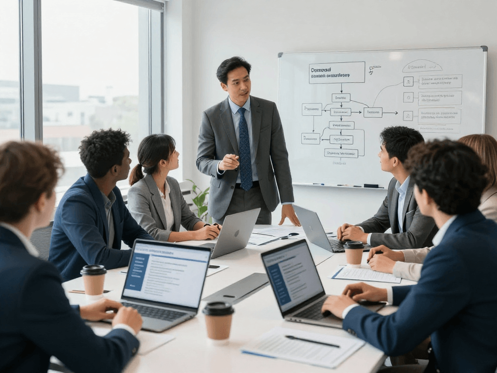 Branchenlösungen – Übersicht: Beratungssitzung zu Datenschutz und digitaler Barrierefreiheit in modernem Büro.