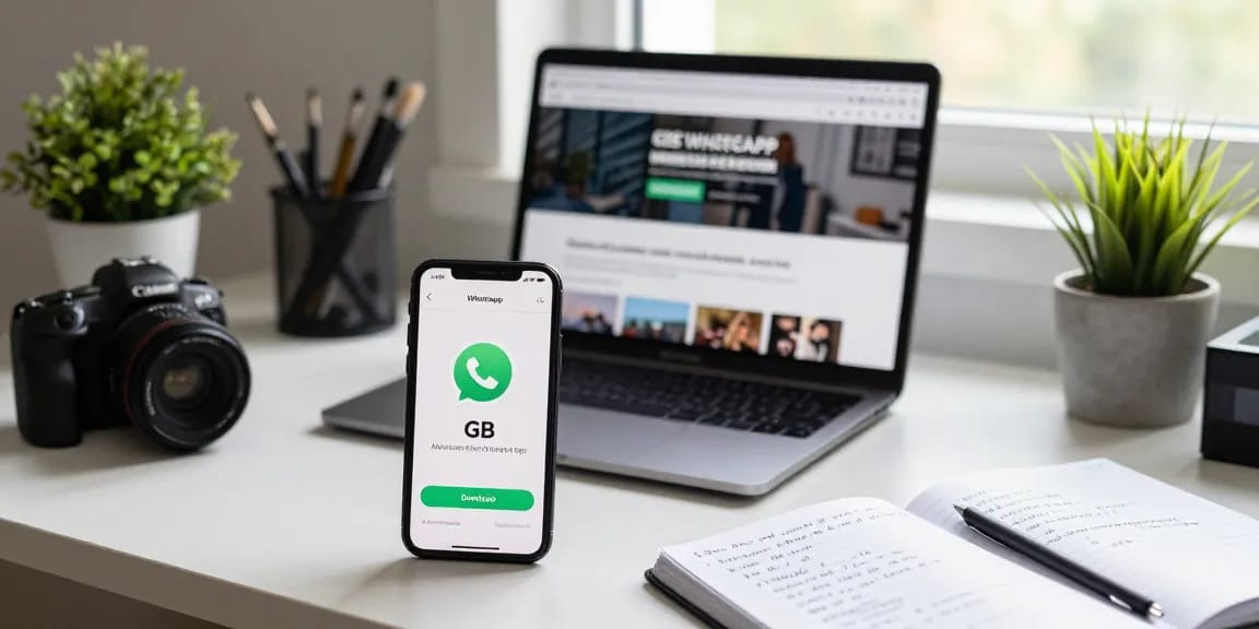 Enhance your messaging experience with GB WhatsApp download on a modern tech workspace setup.