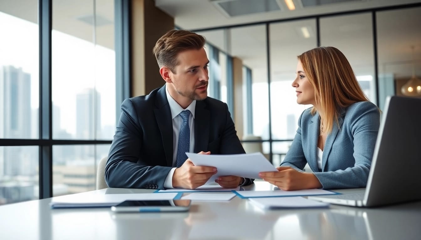 Headhunter Schweiz führt ein Gespräch mit einem Kandidaten in modernem Büro.