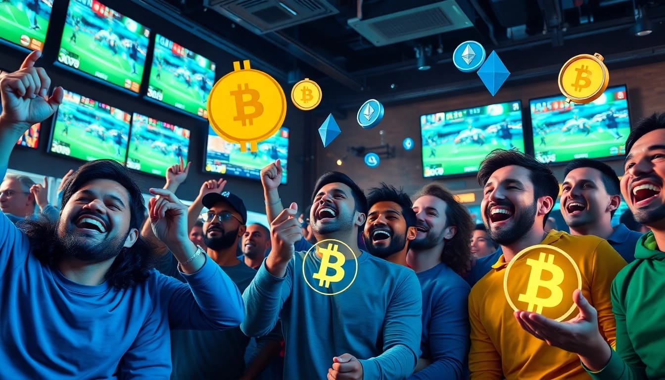 Experience the thrill of crypto sports betting with enthusiastic fans and digital currency icons in a vibrant sports bar.