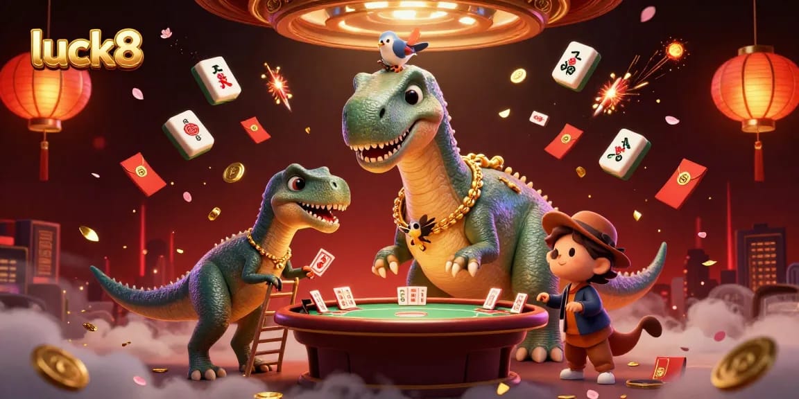 luck8 engages players with a vibrant casino scene featuring a dinosaur and raptor dealing cards
