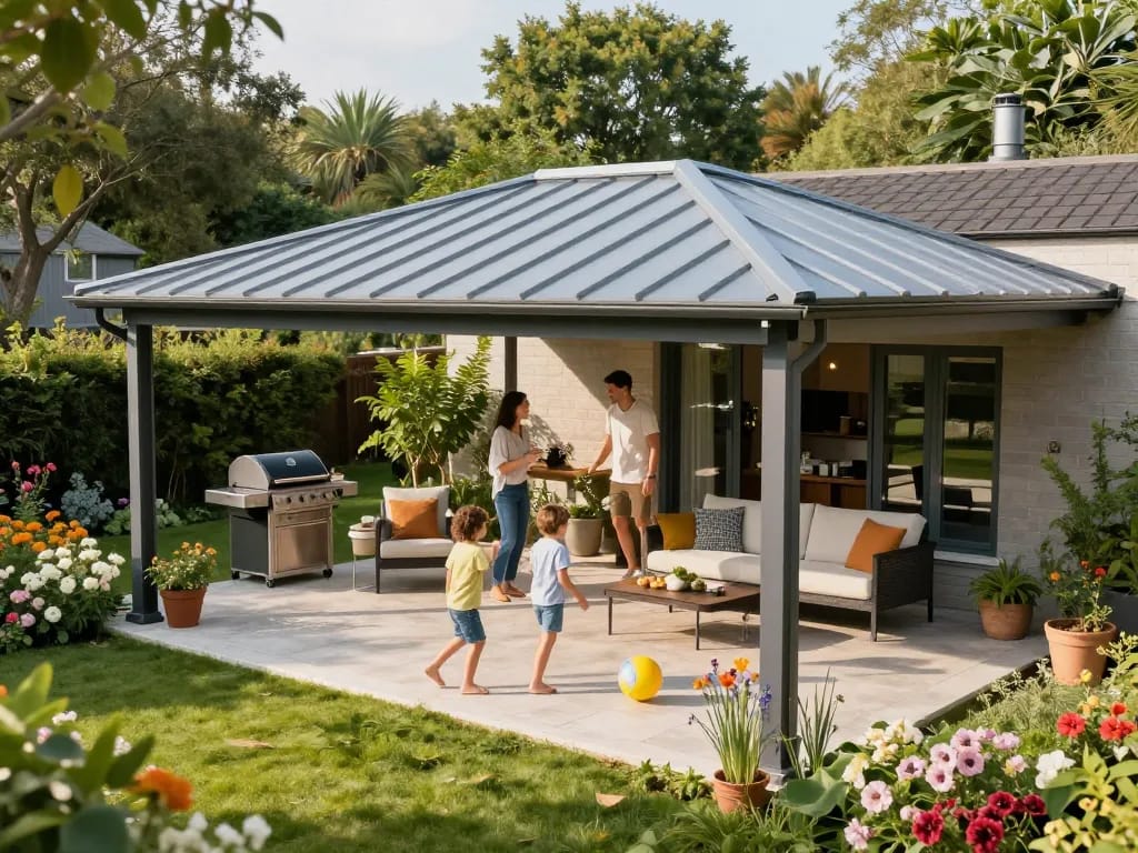 Familie genießt ihren Garten unter einer stilvollen Terrassenüberdachung mit lebhaften Blumen.