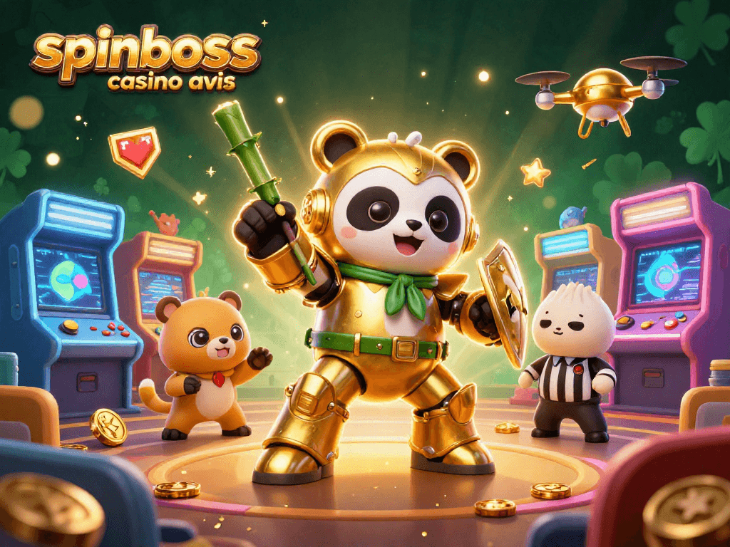 Évaluez le spinboss casino avis avec une illustration dynamique d'un panda doré en armure de combat entouré de jeux d'arcade numériques.