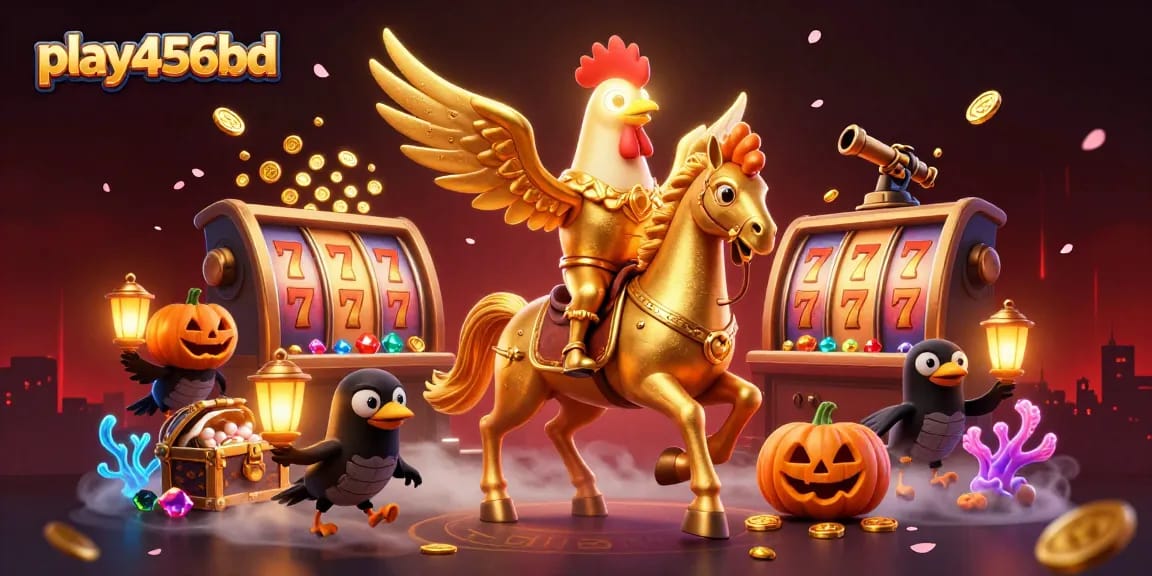 Win big at play456bd with a dazzling casino scene featuring a golden rooster and treasure-filled underwater chests.