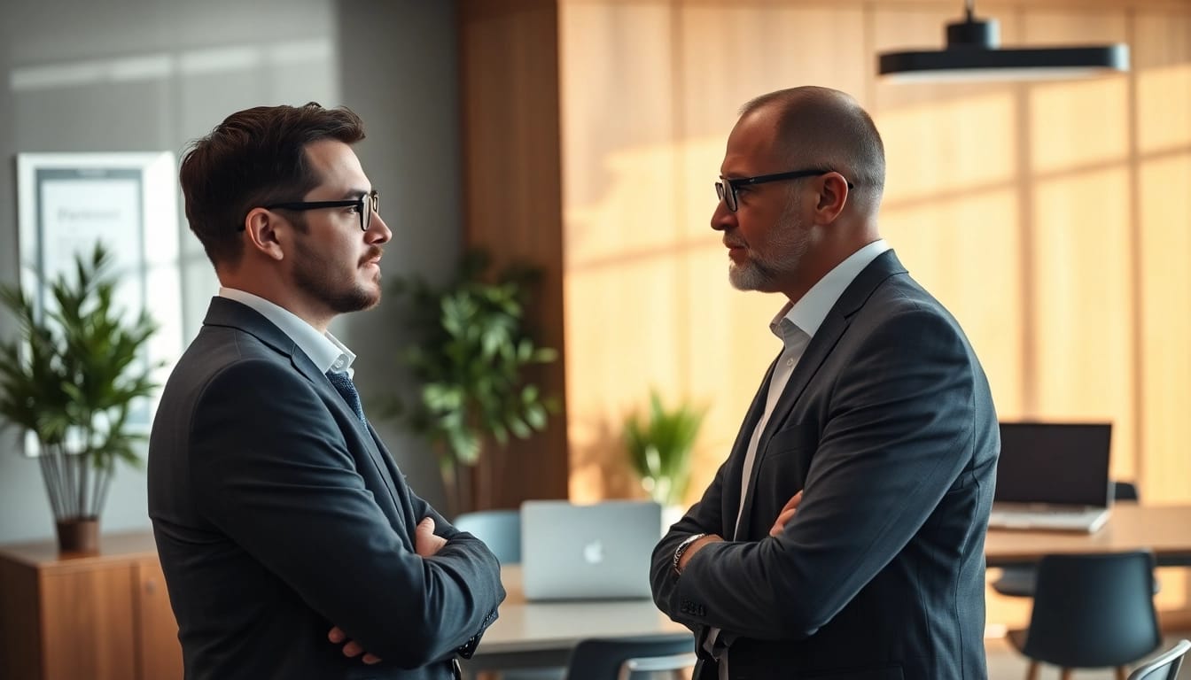 Headhunter Essen im Gespräch mit einem Bewerber in einem modernen Büro, das dynamisch und einladend wirkt.