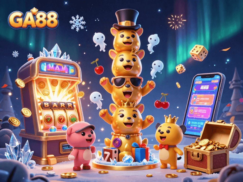 Win big at GA88 with vibrant casino-themed illustration featuring a golden totem and slot machine.