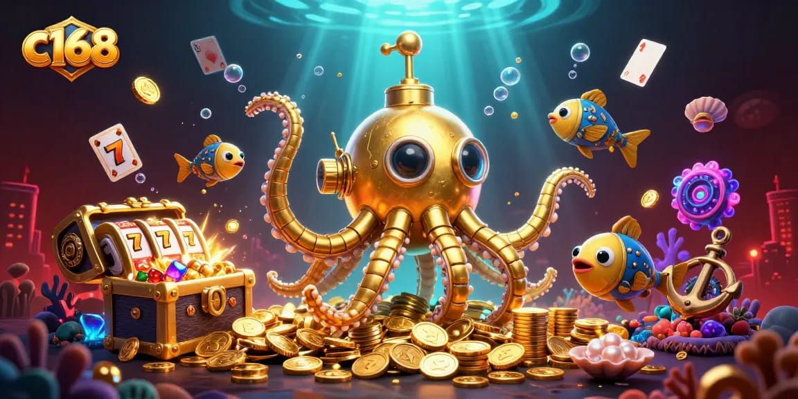 Engage with thrilling gameplay at c168, featuring a golden kraken submarine amidst exciting slot elements.