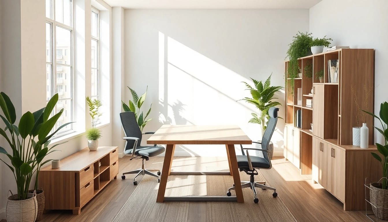 Büromöbel-Set mit ergonomischem Bürostuhl und schickem Schreibtisch in einem modernen Büroambiente