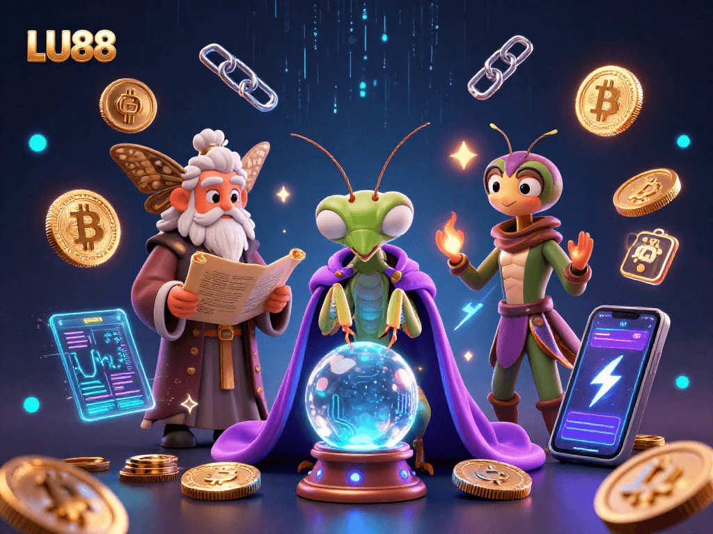 LU88 showcases an enchanting fortune teller and librarian amidst vibrant gaming elements in a digital casino.