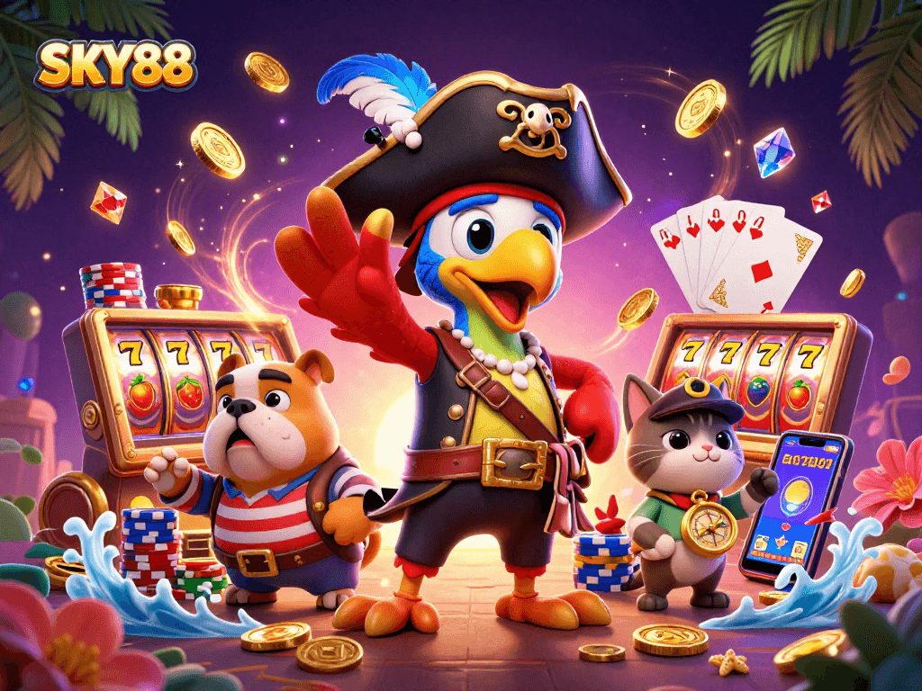 Engage with SKY88's vibrant slots scene featuring a pirate theme, lucky 7s, and dazzling gems.