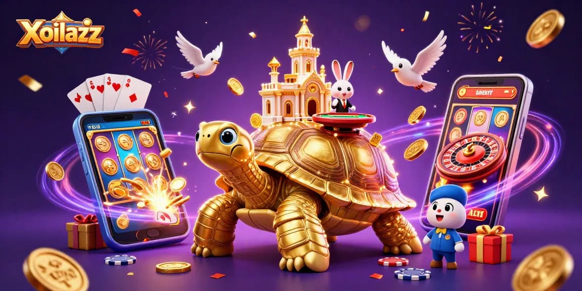 Xoilacz shows vibrant 3D casino scene with a bright tortoise, rabbit dealer, and golden coins flying.