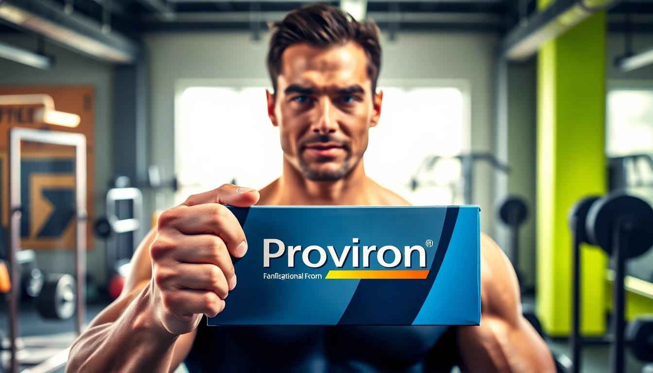 Proviron kaufen: Muscular individual confidently presenting Proviron packaging in a vibrant gym setting.