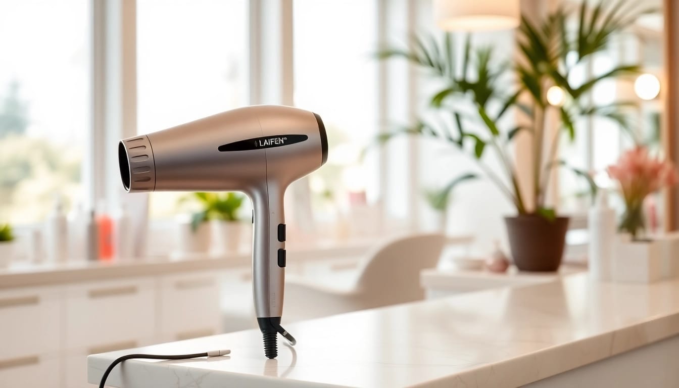 Laifen Swift Haartrockner mit elegantem Design auf einem stilvollen Tisch.