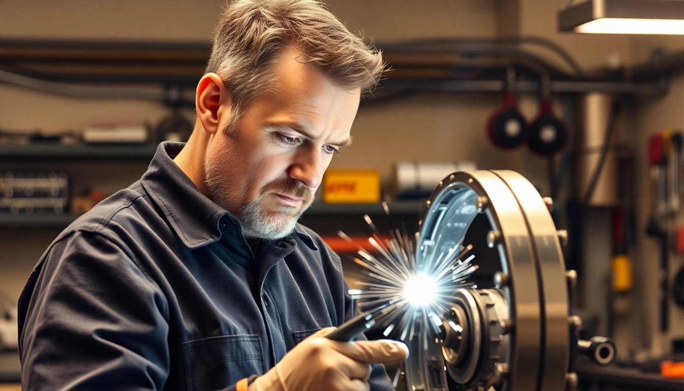 Felge schweißen München: Mechaniker beim Schweißen einer Alufelge in einer modernen Werkstatt.