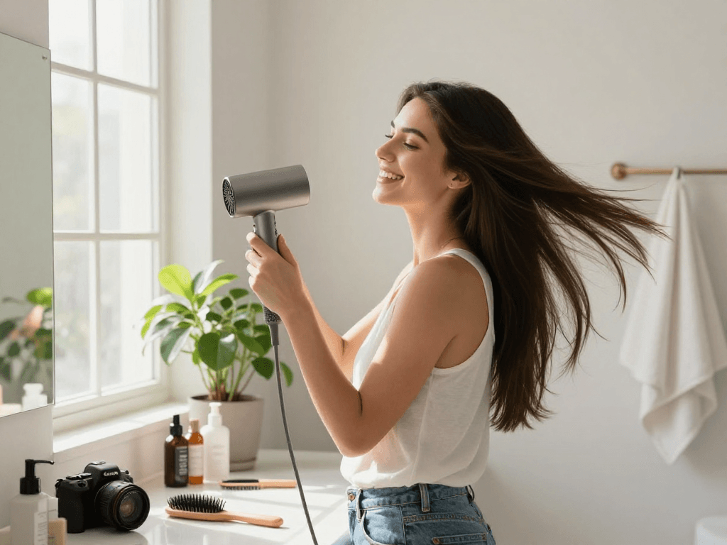 Young woman using a mini blow dryer in a stylish bathroom, engaging in a joyful beauty routine with natural light.