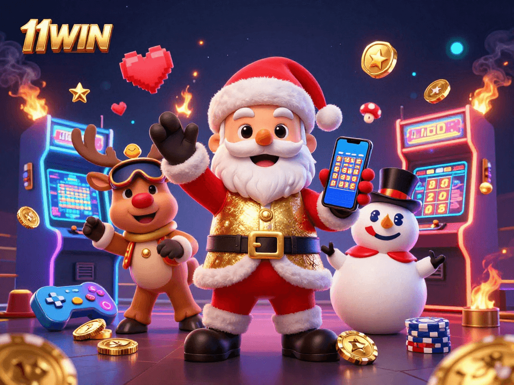 11WIN creates excitement with Santa and friends celebrating jackpots in a vibrant casino.