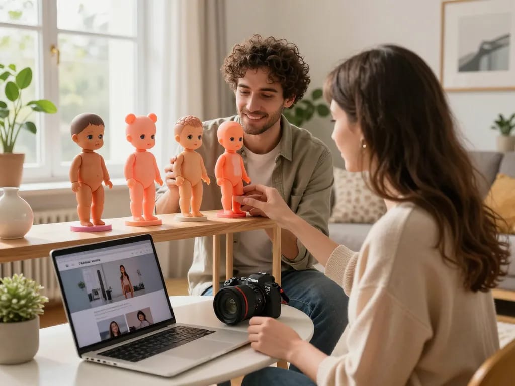 Sofort lieferbare Sexpuppen in einem stilvollen Zuhause, einladende Atmosphäre, Paar beim Stöbern