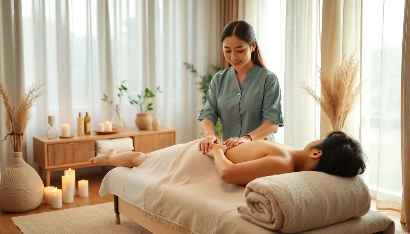 포근한 가정 환경에서 마사지사가 평택출장마사지 서비스를 제공하는 마사지사의 평온한 모습으로, 이완과 편안함을 강조합니다.