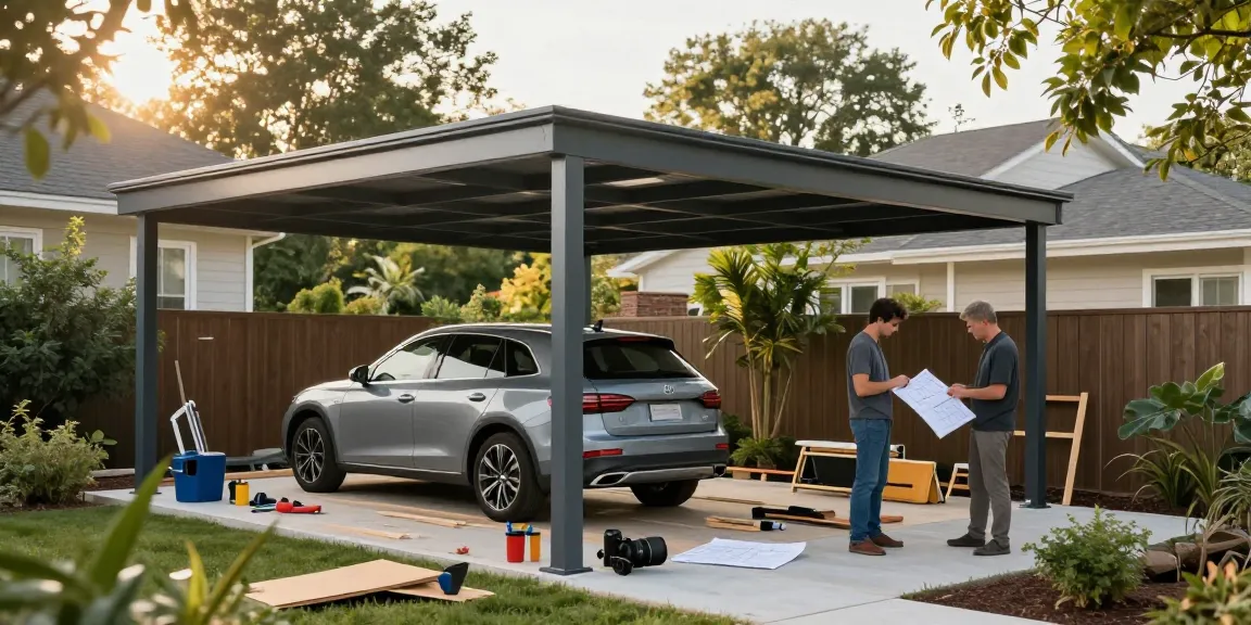Moderne Carport-Installation mit Designplänen und grüner Umgebung.