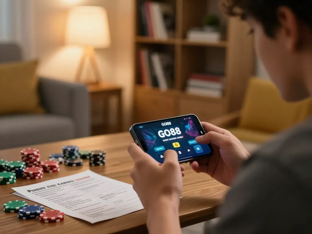 Player experiencing the GO88 app in a cozy setting, engaging in responsible gaming strategies.