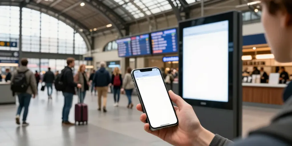 Zugtickets kaufen am Bahnhof, Reisender mit Smartphone an Buchungs-App, moderne Architektur im Hintergrund.